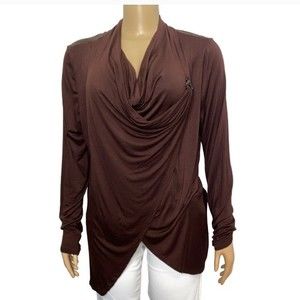 Patrizia Luca Blouse Asymmetrical Draped Cowl Neck Brown Zip detail size XL